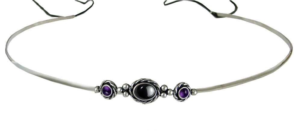 Sterling Silver Renaissance Style Exquisite Headpiece Circlet Tiara With Hematite And Amethyst